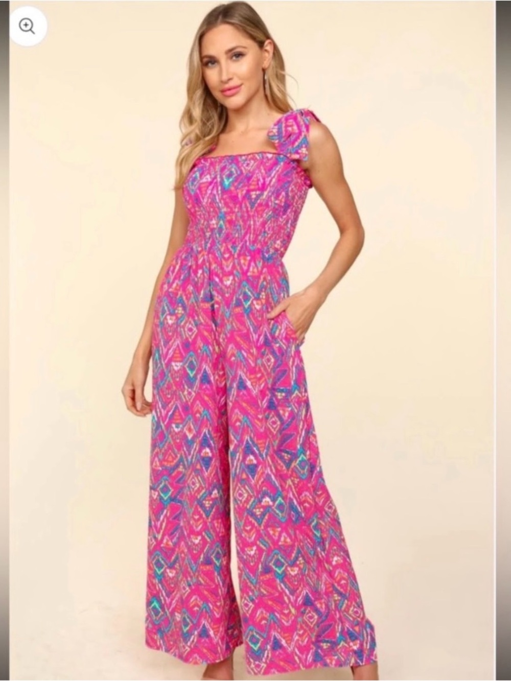 Wide-Leg Smocked Jumpsuit in Pink Ikat Print